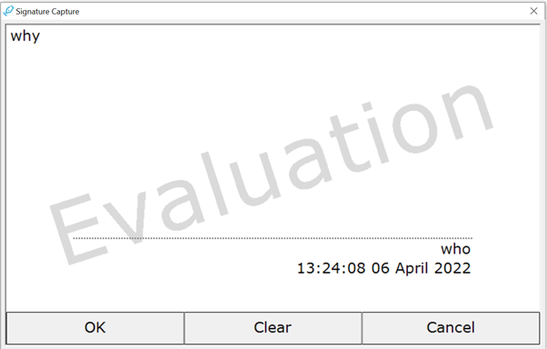 Evaluation window on PC monitor